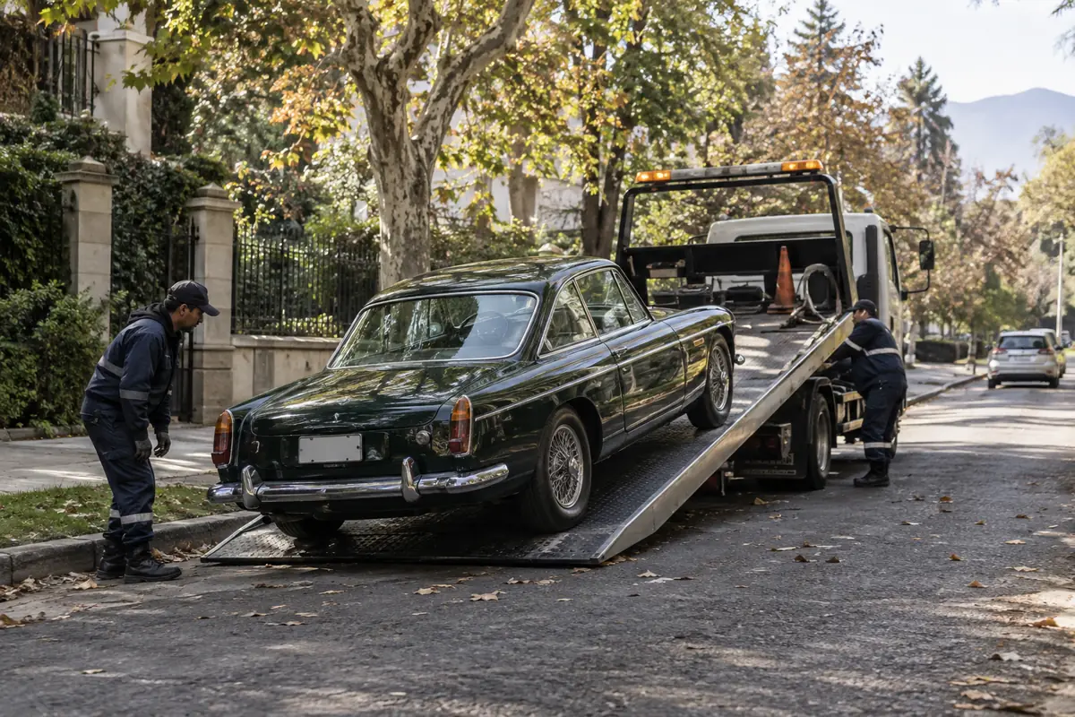 Auto clásico sobre grúa de plataforma